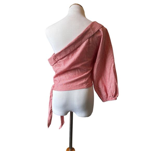 Free People Get Down One Shoulder Striped Poplin Top -  Red,  Size 12, NWT - Picture 3 of 6
